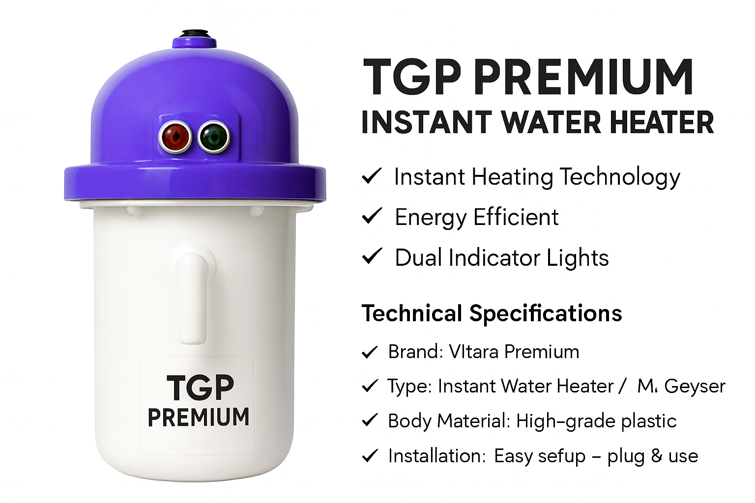 TGP Premium Instant Water Heater / 1 year guarantee / Shock Proof / 1 Litre / Auto cut-off / Instant Heating