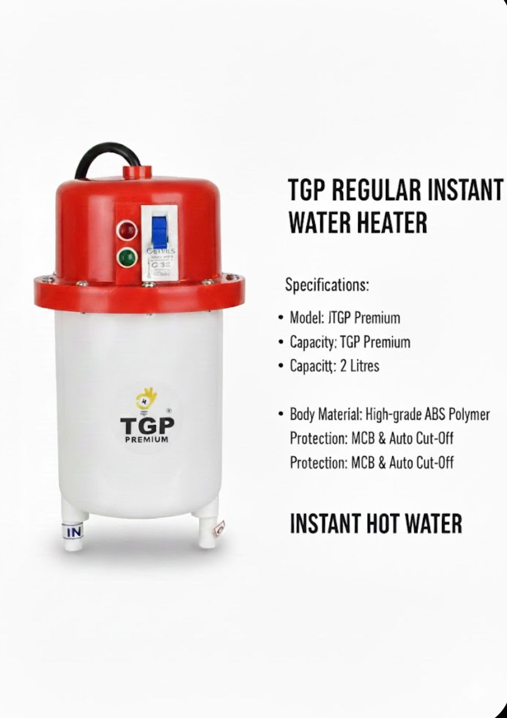TGP Regular Instant Water Heater / 1 year guarantee /  2 Litre regular quality / MCB Switch / Auto Cut - off / Instant Heating